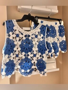 Blue & White Crochet Two-Piece Set